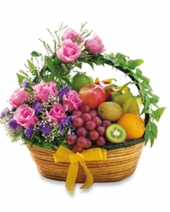 6 items Fruits & pink Blooms Basket
