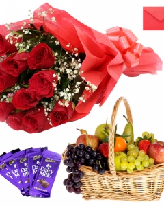 Rosy Combo - 12 Red Roses Bunch, 6 items Fruit Basket, 5 Dairy Milk and Card