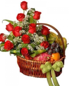 Decorated 6 items Fruit Basket with 12 Red Roses