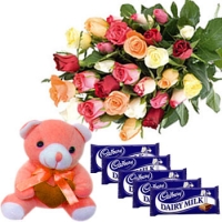 24 mix roses+teddy+5 cadburys chocolates