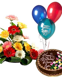 3 Balloons+ Chocolate Cake +  Mix Gerberas Basket
