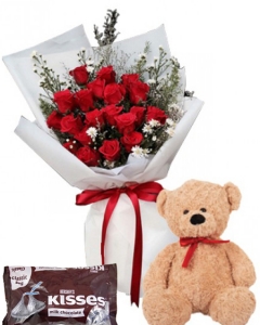 12 Red Roses + kisses pack + teddy
